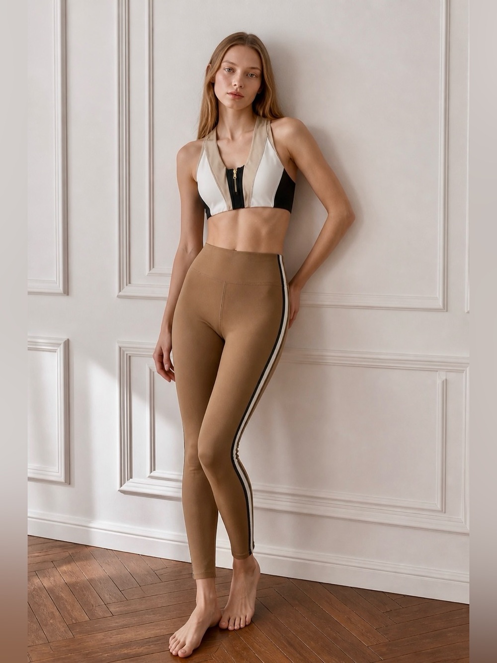 Set of 2 Colorblock Zip-Front Sports Bra and Athleta Leggings - Tan/White/Black - Picture 5 of 16